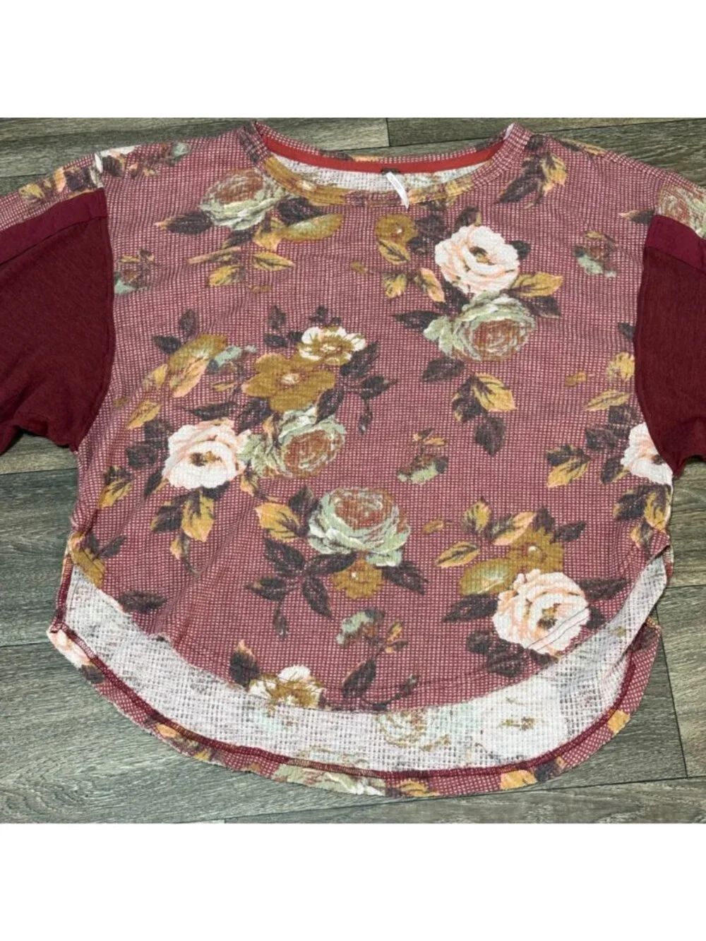 Free People Floral Print Waffle Knit Top Large Moroccan Spice